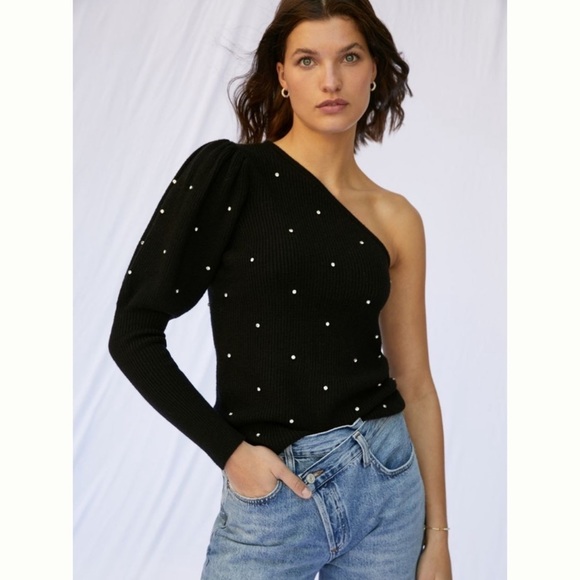 Anthropologie NWT Studded One-Shoulder Sweater With Pearls Size M. - Picture 3 of 5